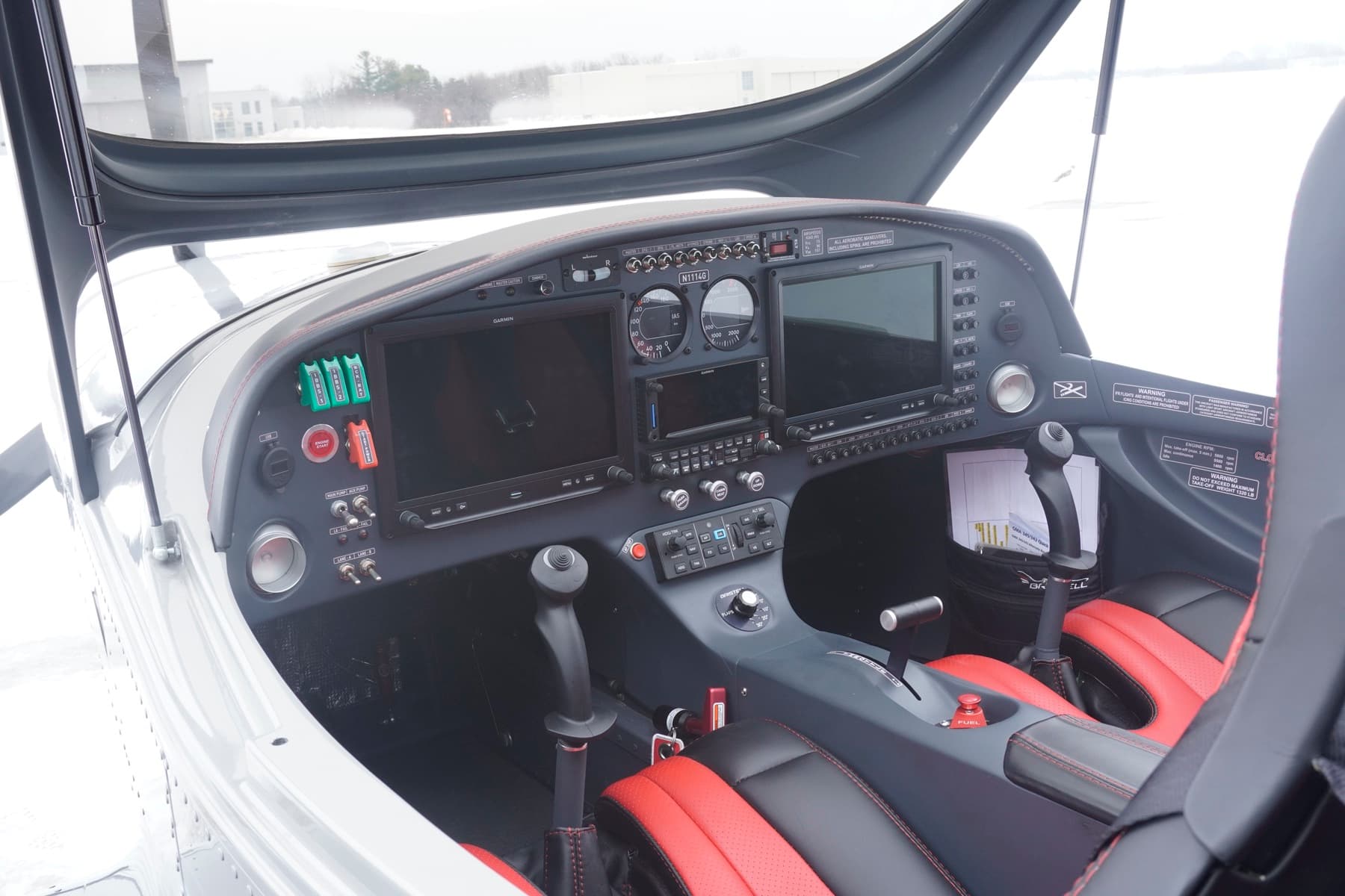 Bristell cockpit with a Garmin G3X glass panel and red leather seats