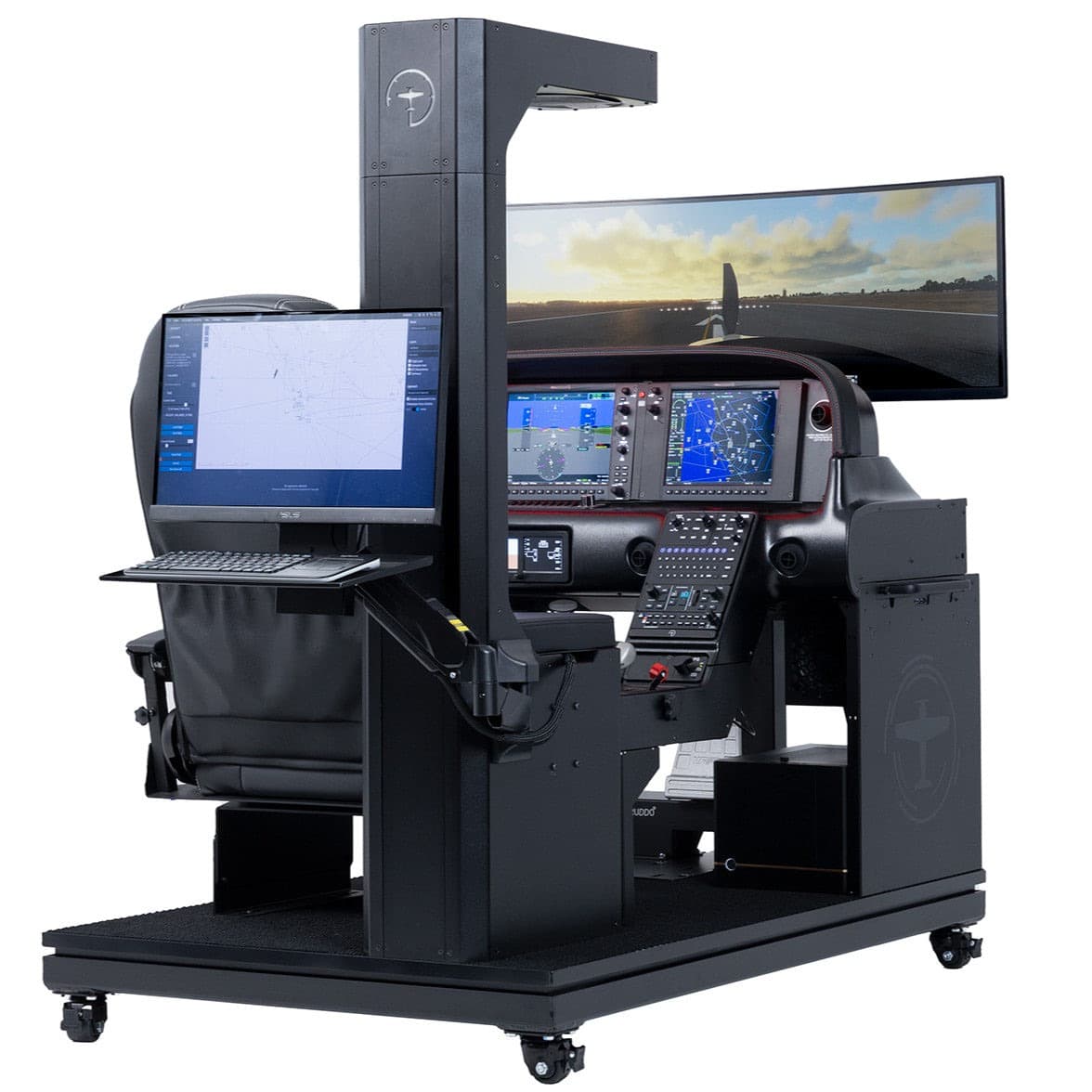 The simulator from the left, with the instructor station and its own monitor beside the cockpit